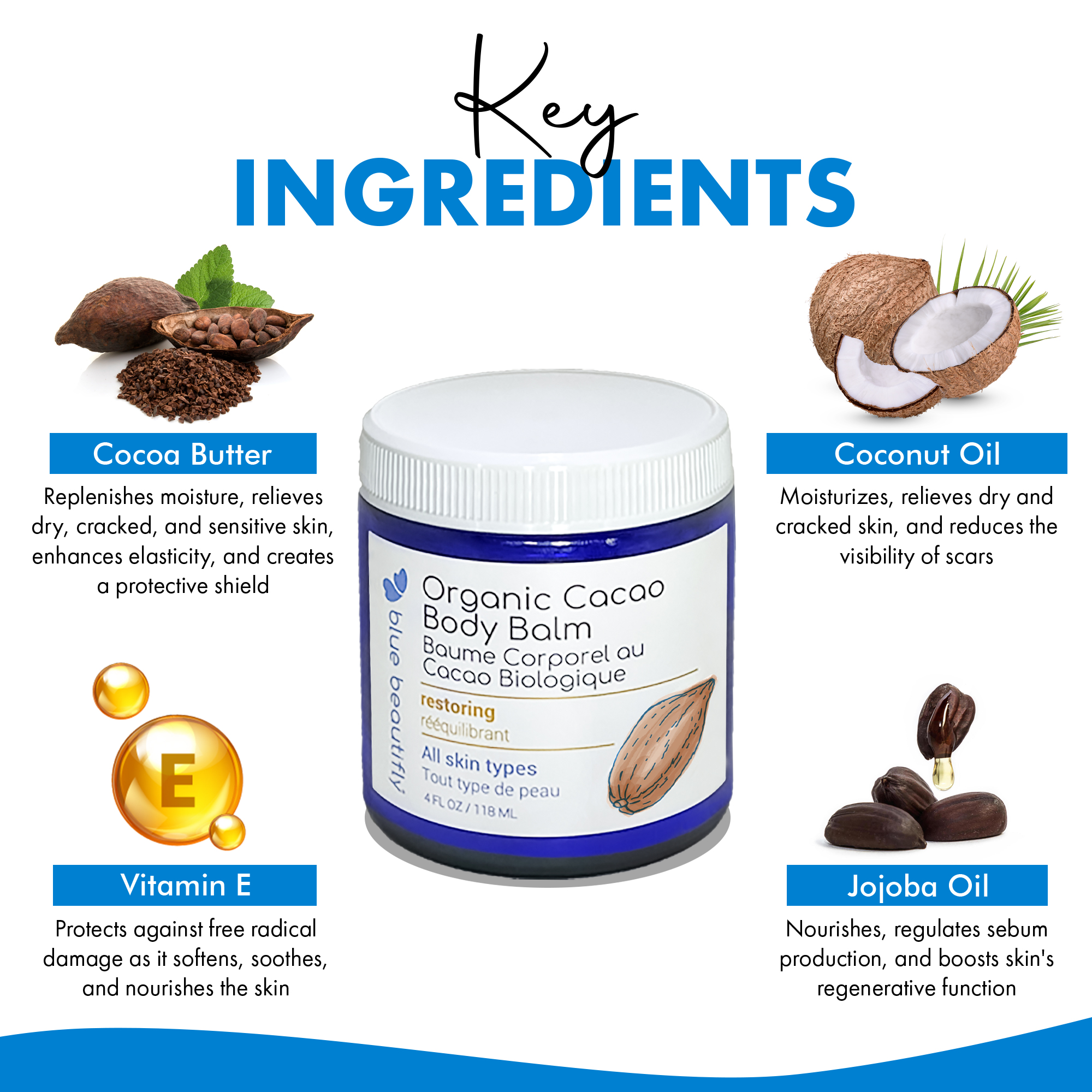 Blue Beautifly Organic Cacao Body Balm - Key ingredients are cocao butter, coconut oil, jojoba oil, and vitamin E